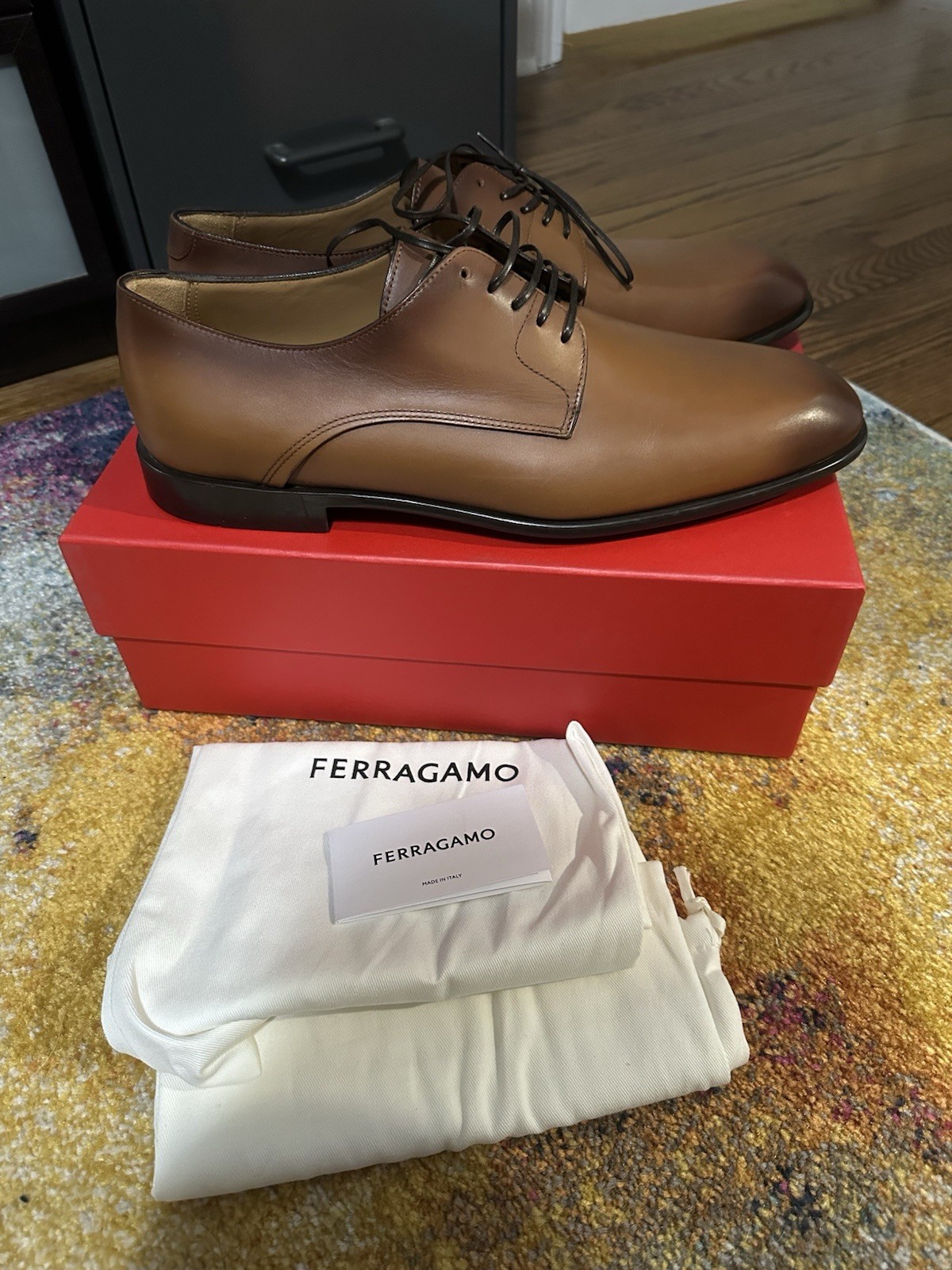 SAOLA Scarpe derby Salvatore Ferragamo FOSCO punta liscia $895 taglia 12 nuove Vicuna vitello