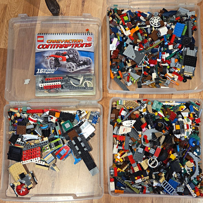LEGO Bulk Lot Mixed Bricks & Pieces w/ Crazy Action Contraptions Book, Box