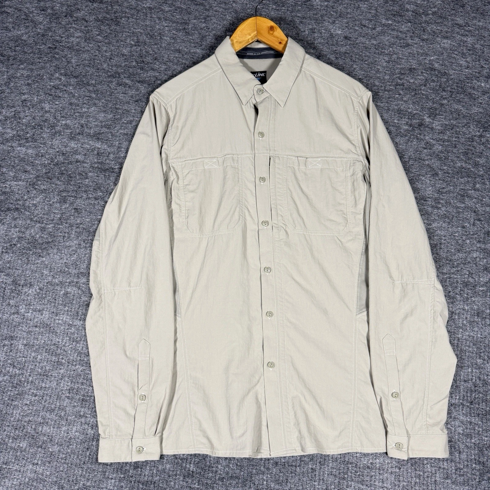 Kuhl Mens Medium Hiking Fishing Shirt Khaki Nylon Vented Roll Tab Outdoor