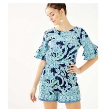 Lilly Pulitzer Lula Romper Ruffle Sleeves High Tide Navy Scuba Doo Print M