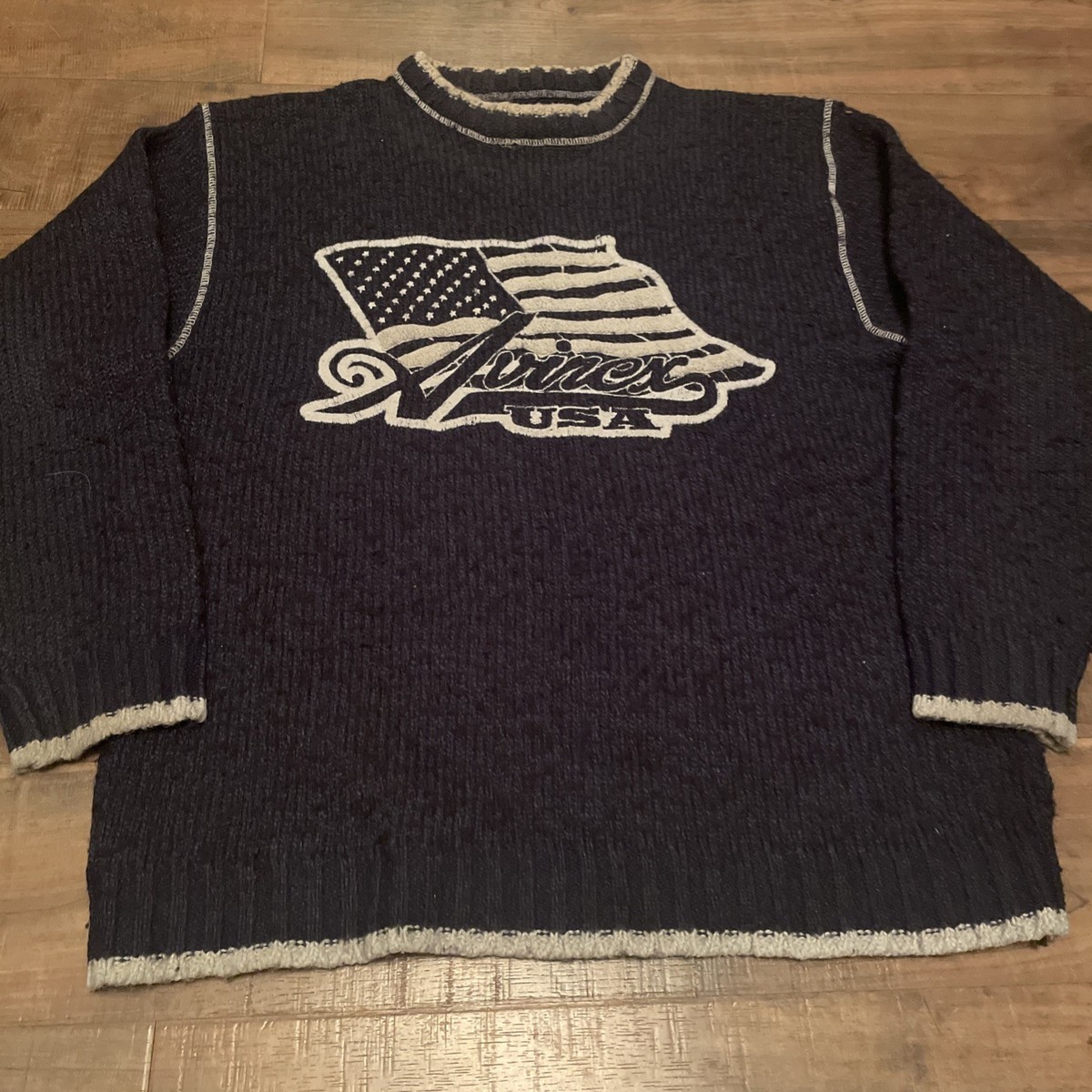 Avirex USA Embroidered Heavy Knit Sweater Wool Blend Navy Blue 