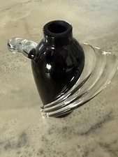 Hand blown Black glass ART vase 4.5" high, Flower Bud vase w/ clear Ornate Arms