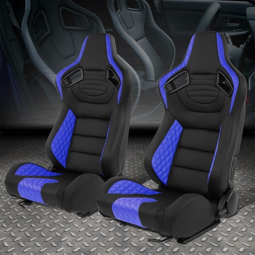 Adjustable Racing Seat Pair Universal Black & Blue Vinyl Adjustable Reclinable Racing Seats w ...