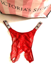 Victoria's Secret Shine Strap Lace Crotchless Brazilian Panty Red Lace NWT