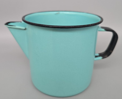 Vintage Blue Turquoise Metal Enamel Water Pitcher Small Farmhouse Jug Vase 4.25''