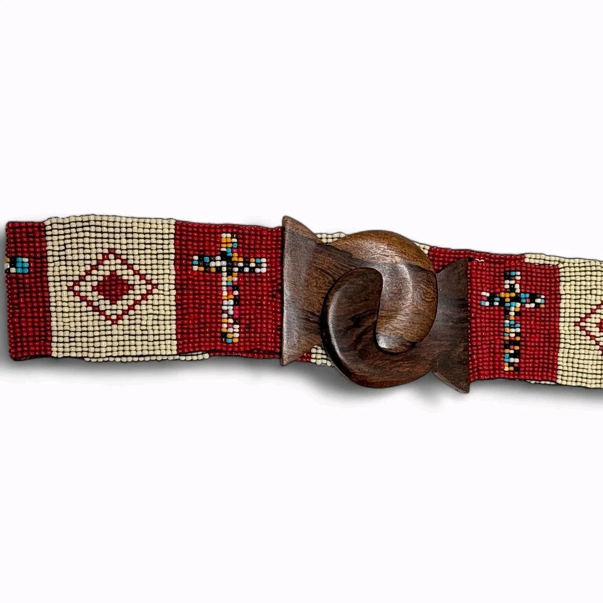 Vintage Native Style Beaded Belt Red Cream Wooden Buckle Boho Western Vintage Hand Beaded Belt, Native American Style Beaded Belt  main image 4