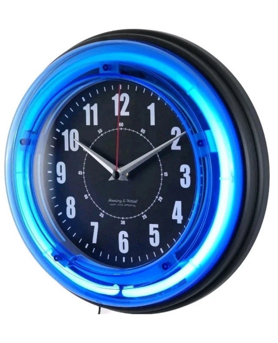 Sterling And Noble Electric Blue Neon Tube Light Up Wall Clock Bar Retro Decor