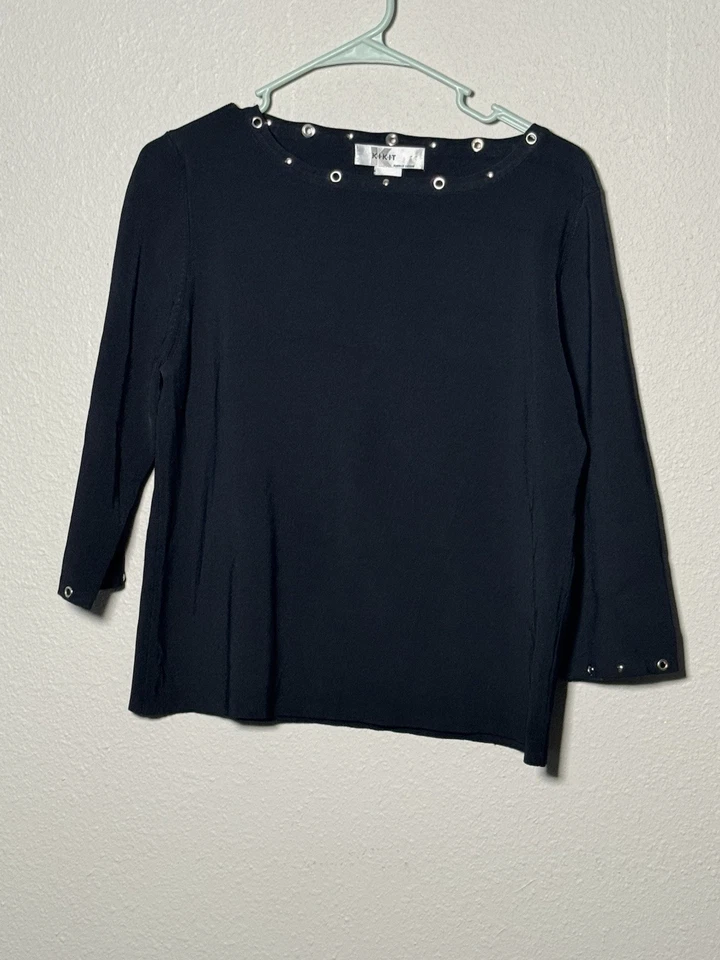 Top Kikit Mujer Extra Grande Negro Plata Ojal Disco Borde Vanguardista Oficina Trabajo Foto 3 de 4