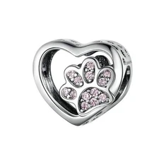I Love My Dog Paw Puppy Bone 925 Sterling Silver Charm Beads with Clear Cubic Zi