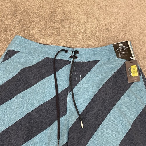 Volcom Board Shorts Mens 34 Striped Blue Mod Tech Pockets Drawstring Swim NEW - Picture 2 of 11