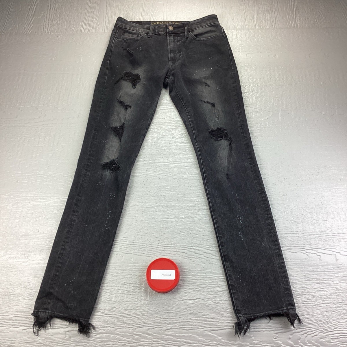American Eagle slim fit men’s jeans 30x34 destroyed holes raw hem paint  splatter