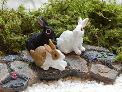 Set Of 3 Adorable Miniature Resin Bunny Rabbits For Fairy Garden Or Diorama