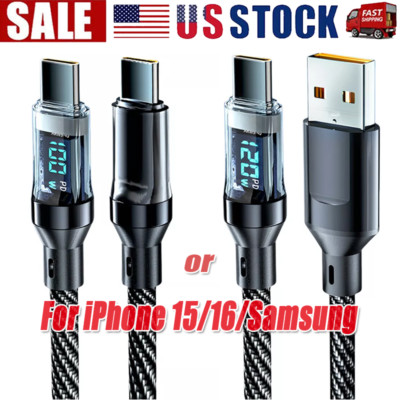 120w Fast USB Type-C Charging Braid Phone 15 16 Charger Lead with Display LOT