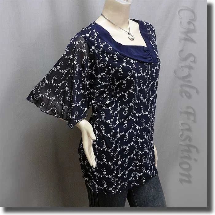 Top Boho Estilo CM Floral Bordado Fluido Gasa Azul L  Foto 3 de 4