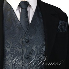 CHARCOAL GRAY XS - 6XL Paisley Tuxedo Suit Dress Vest Waistcoat Neck tie Hanky