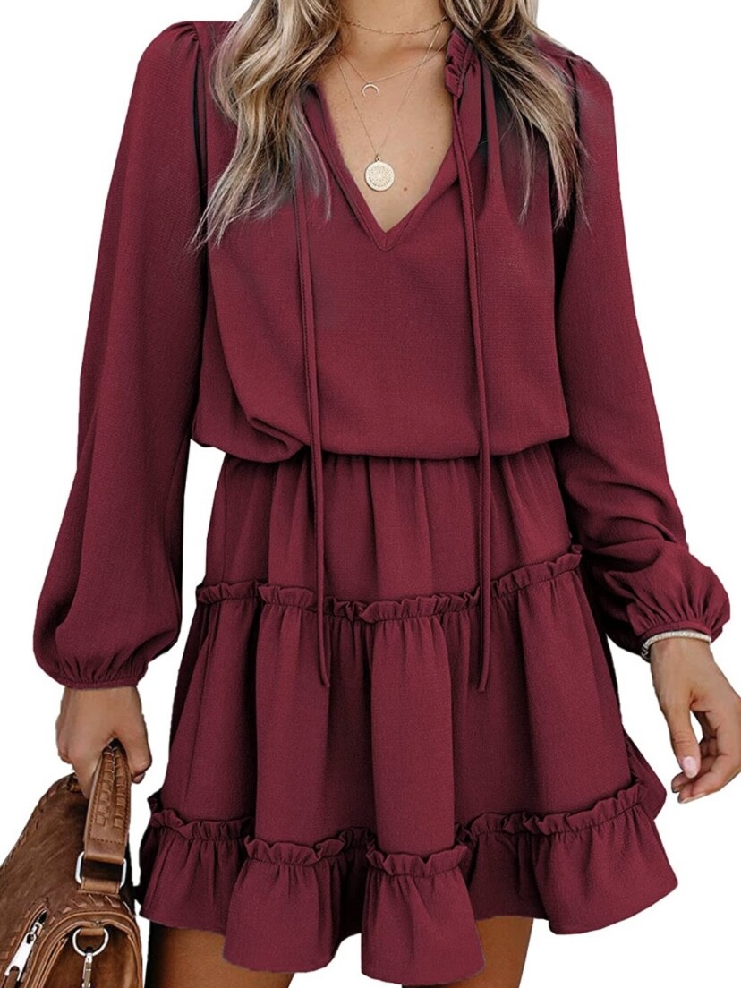 HAPPY SAILED Women's V Neck Ruffled Layered Chiffon Mini Dress Sz S -  Bright Red | eBay