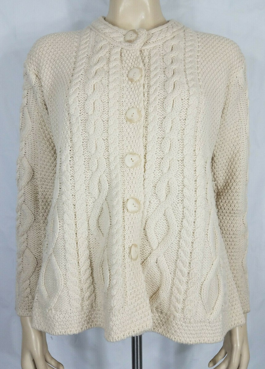 Inis Crafts ivory 100% Merino wool thick cable knit cardigan