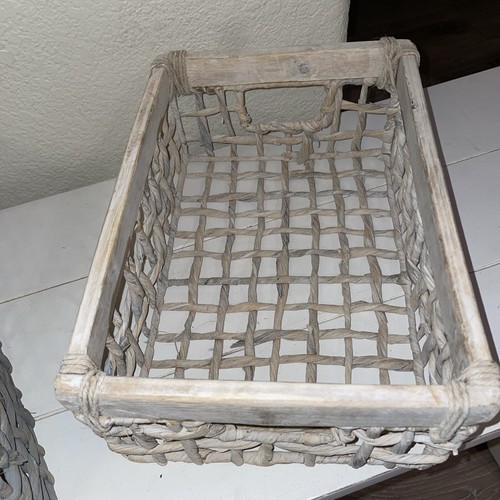 Unique Wood And Wicker Crate Type Rectangular Baskets Set Of 2 6x15” & 5x13” - Picture 5 of 7
