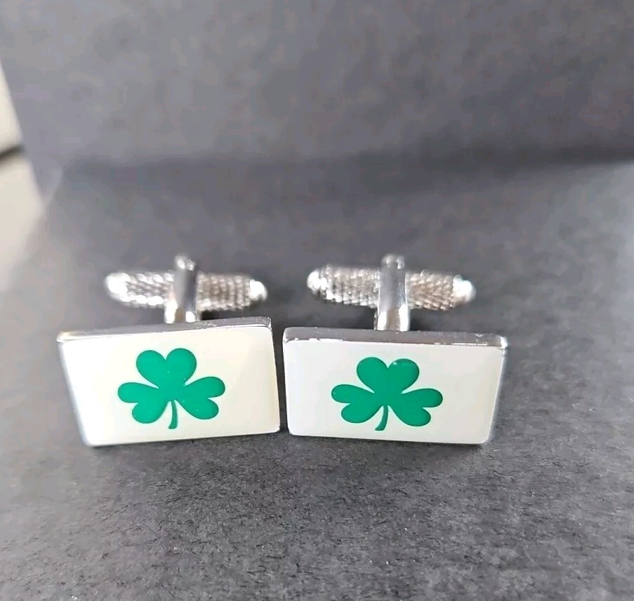 Green Shamrock Rectangle Silvertone Cufflinks Goo… - image 1