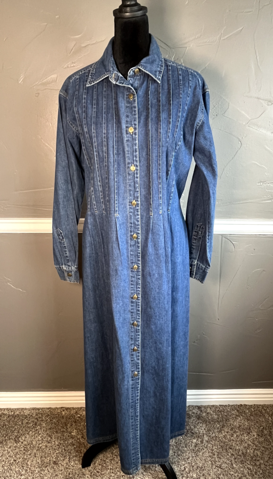 Vintage Laura Ashley Women's Size 10 Brass Button Front Denim Maxi Dress