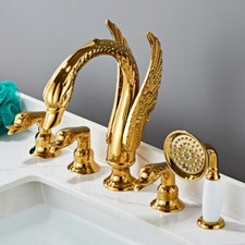 Gold Swan Bathroom Sink 5 Holes Widepspread Bathroom Hand Shower Faucet Set