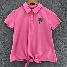 Talbots Top Womens Petite Pink Polo Palm Tree Stretch Tied Front Short Sleeves