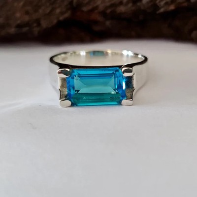 Blue Topaz Men's Ring, Emerald Cut Lab Create Topaz Men's Signet 925 Silver Ring