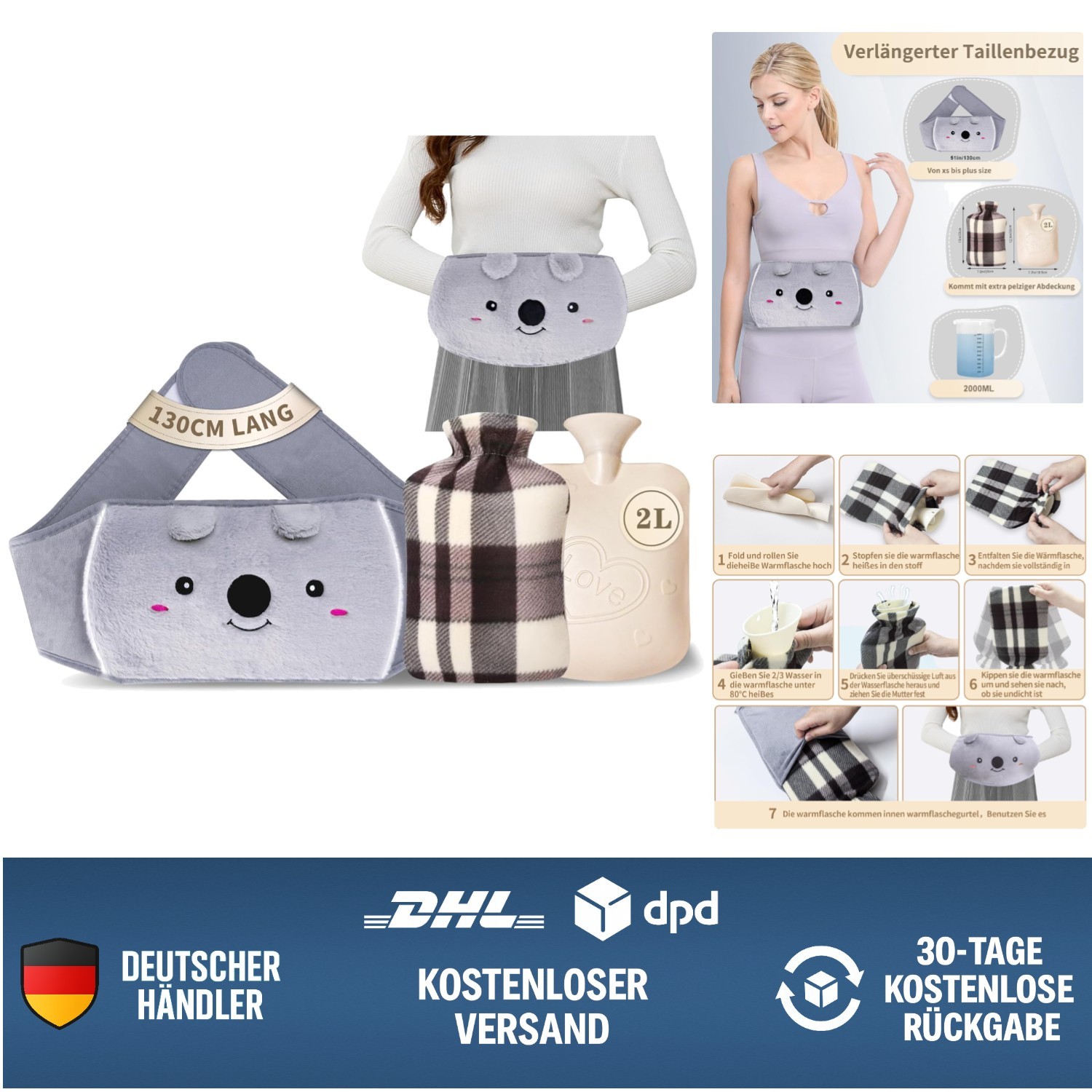 2L Wärmflasche mit 130cm Gürtel für langanhaltende Wärme und Komfort