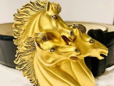 BEN AMUN VINTAGE BELT M/L TRIPLE GOLD HORSE HEADS BLACK LEATHER ISAAC MANEVITZ