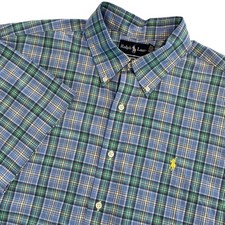 Ralph Lauren Mens XL Classic Fit Short Sleeve Plaid Button Down Shirt Blue Green