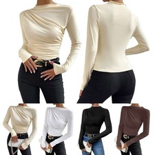 Women's Turtleneck Long Sleeve Basic Tops Shirt Stretch Solid Ribbed T-Shirt new