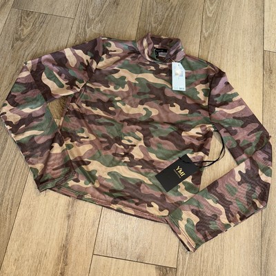 YMI Collection Junior s LS Camo Sheer Mock Neck Crop Shirt Size Large Stretch