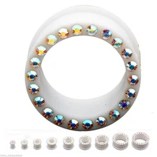 PAIR-Flexi w/Aurora Gems White Double Flare Silicone Ear Tunnels 19mm/3/4" Gauge