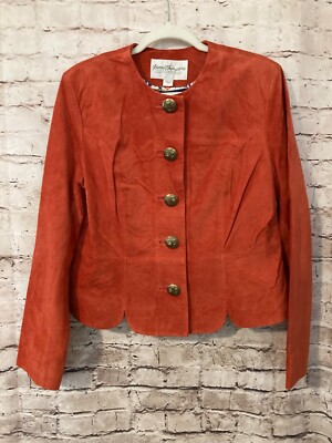 Norm Thompson Jacket Womens Large Leather Rust Orange Satin Lined Scalloped Edge