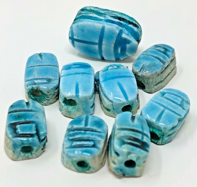 9 Handmade Vintage Blue Ceramic Egyptian Scarab Beads Lot of 9 Beads
