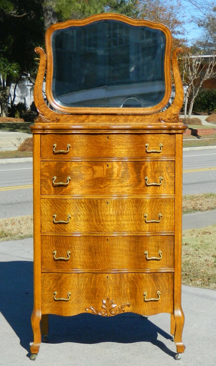 Fancy Tiger Oak Chest with Mirror~~Serpentine Front circa 1900 | eBay