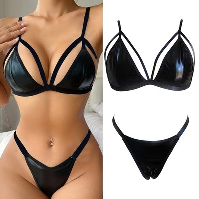 Clubwear Ensembles de Lingerie Latex pour Femme Sexy Cuir Soutien-gorge String S