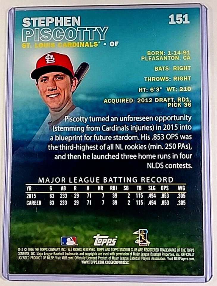 2016 Topps Stadium Club 5X7 金色 #151 Stephen Piscotty /10 RC 新秀 Jumbo 7x5 — 第 2/3 张图片