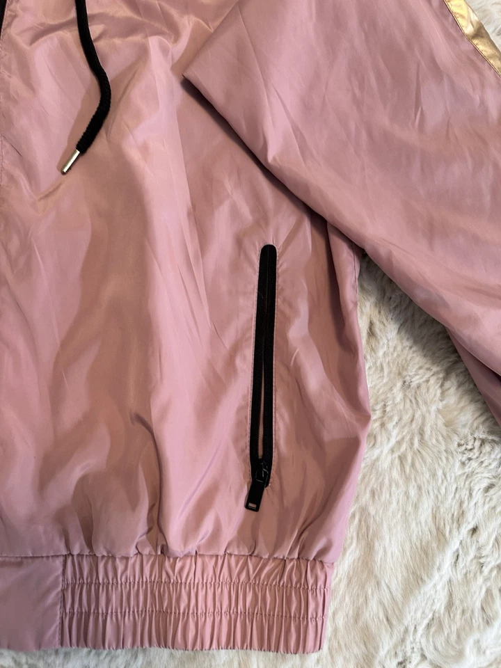 Forever 21 Womens Jacket Pink M  Gold Striped Hoodie Full Zip Casual - Image 4 of 4