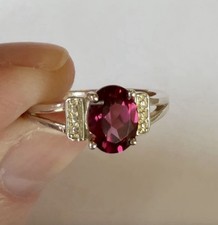 Sterling Silver 925 Ring with Oval Red Garnet Prong Setting and Accent Stones