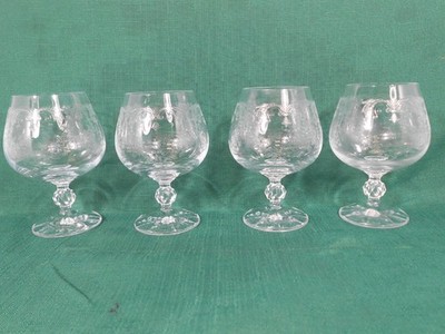 4 VTG Bohemia Clear Glass Cascade Pattern Etched  Brandy Snifter Cognac Glasses