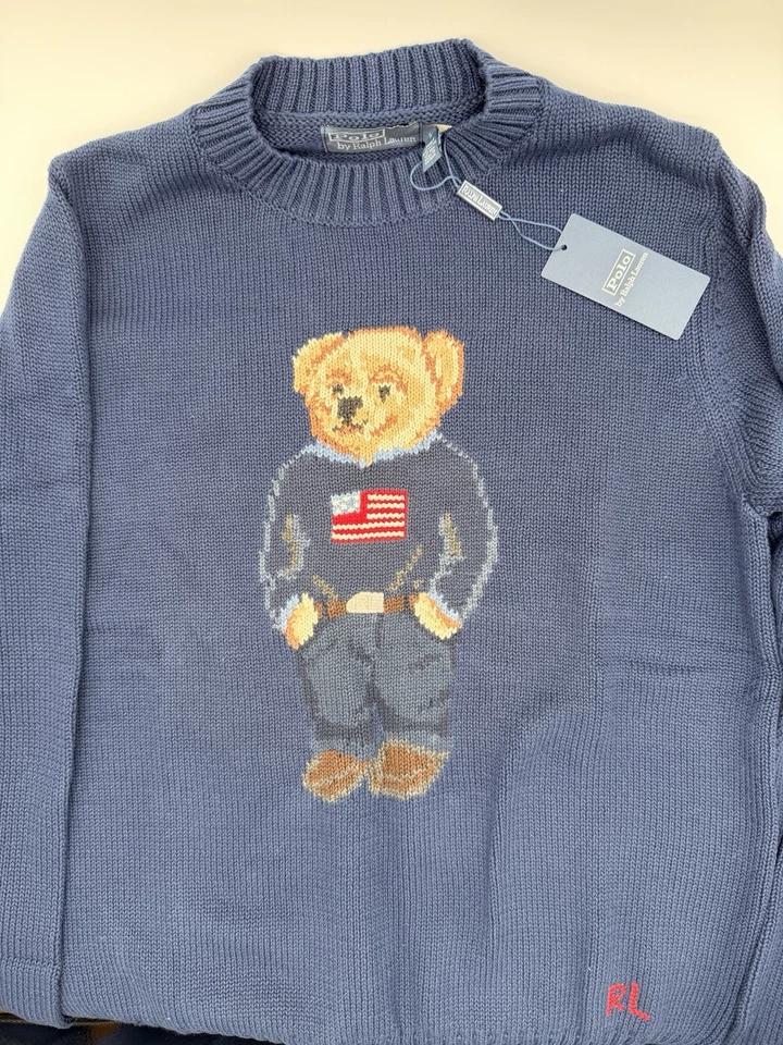 Polo Ralph Lauren 棉亚麻 Polo Bear 旗子毛衣深蓝色女式 M 码 — 第 2/3 张图片
