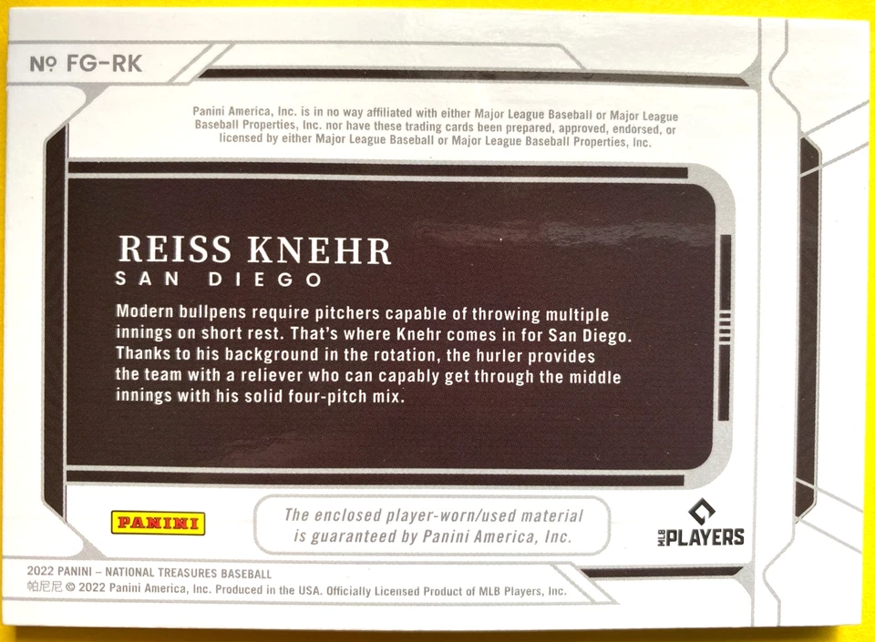 2022 Panini National Treasures Field Gear Reiss Knehr Dual 3 Color Patch #25/25 - Image 2 of 2