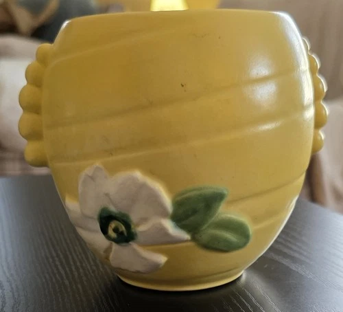 1930’s Weller Pottery Creamy Yellow With White Blossom Vase - Cursive "Weller"