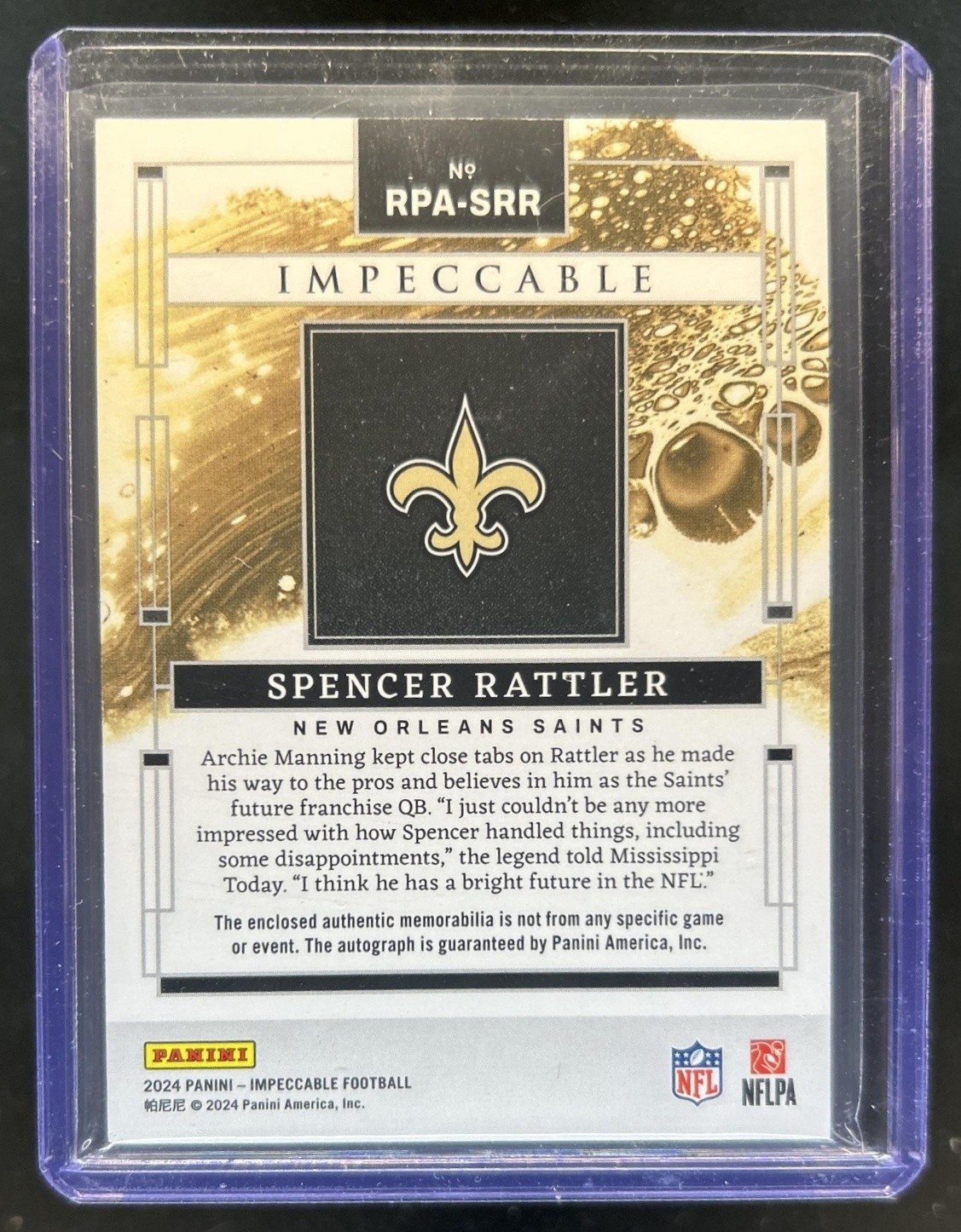 2024 Panini Impeccable Spencer Rattler Rookie Patch Auto RC Platinum #1/1 Saints view 2