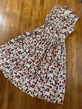 Vintage 1950s Novelty Print Blouse Skirt Two Piece Set Rare Tiki Drums Hawaiian