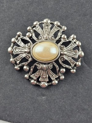 Vintage Torino Silver Tone Scroll Work Faux Pearl Brooch READ