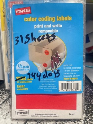 Staples Color Coding Print & Write Removable NEON RED 3/4'' 744 Labels /DOTS(M15