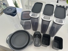 Selection Of Grey Storage Containers + Measuring Spoons + Collapsing Strainer