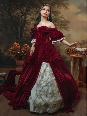 Victorian Evening Dress Burgundy Strapless Velvet Gold Princess Ball Gowns